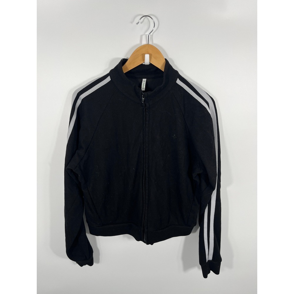 Halara Track Jacket Women L Black Full Zip Stripe Ribbed Athleisure Activewear